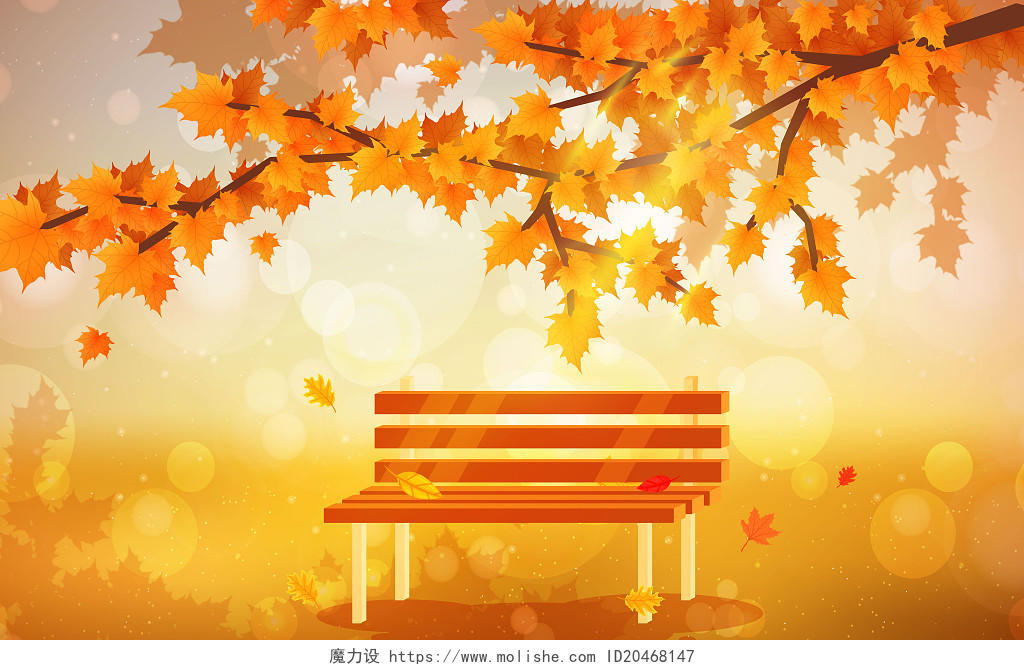 秋天的枫叶飘落黄色调唯美场景插画